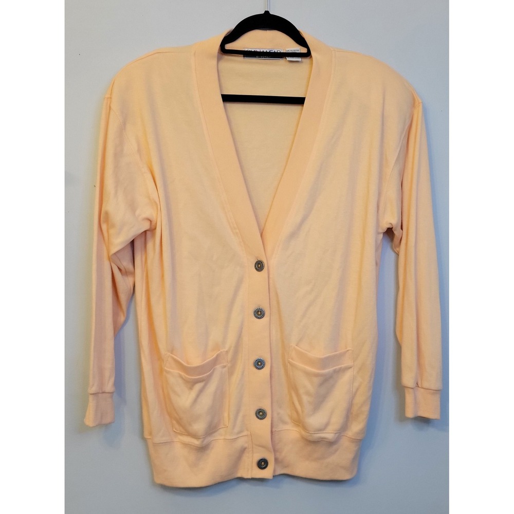 Vtg 80s Chinawear by Morsly Peach Cardigan Sweater Shoulder Pads Pockets M